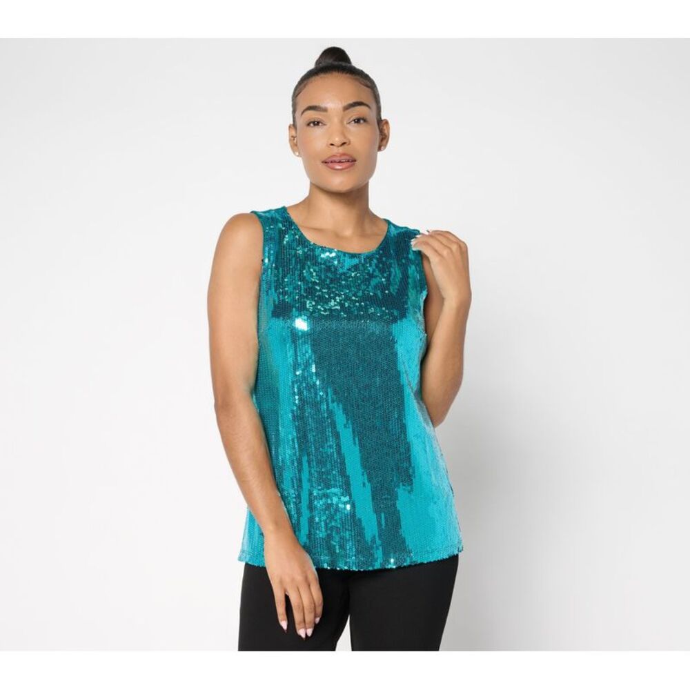 SUNNYLiFE Women's Top Sz M Denim & Co. Sequin Front Scoop Neck Tank Green